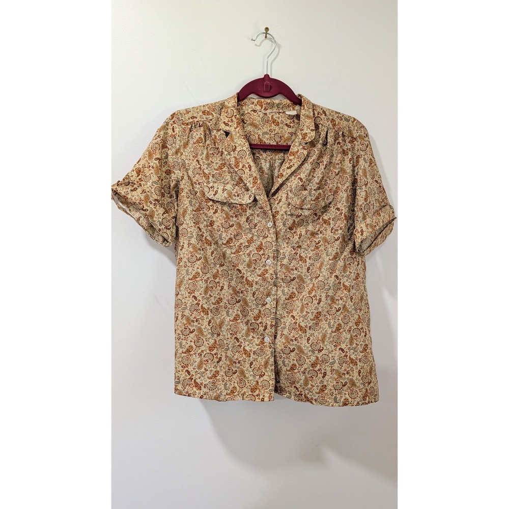 Vintage Paisley Short Sleeve Button Up Blouse Orange Tan Earthy Boho Top medium